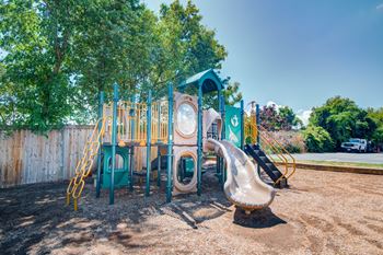 a playground with a jungle gym and slides at a park